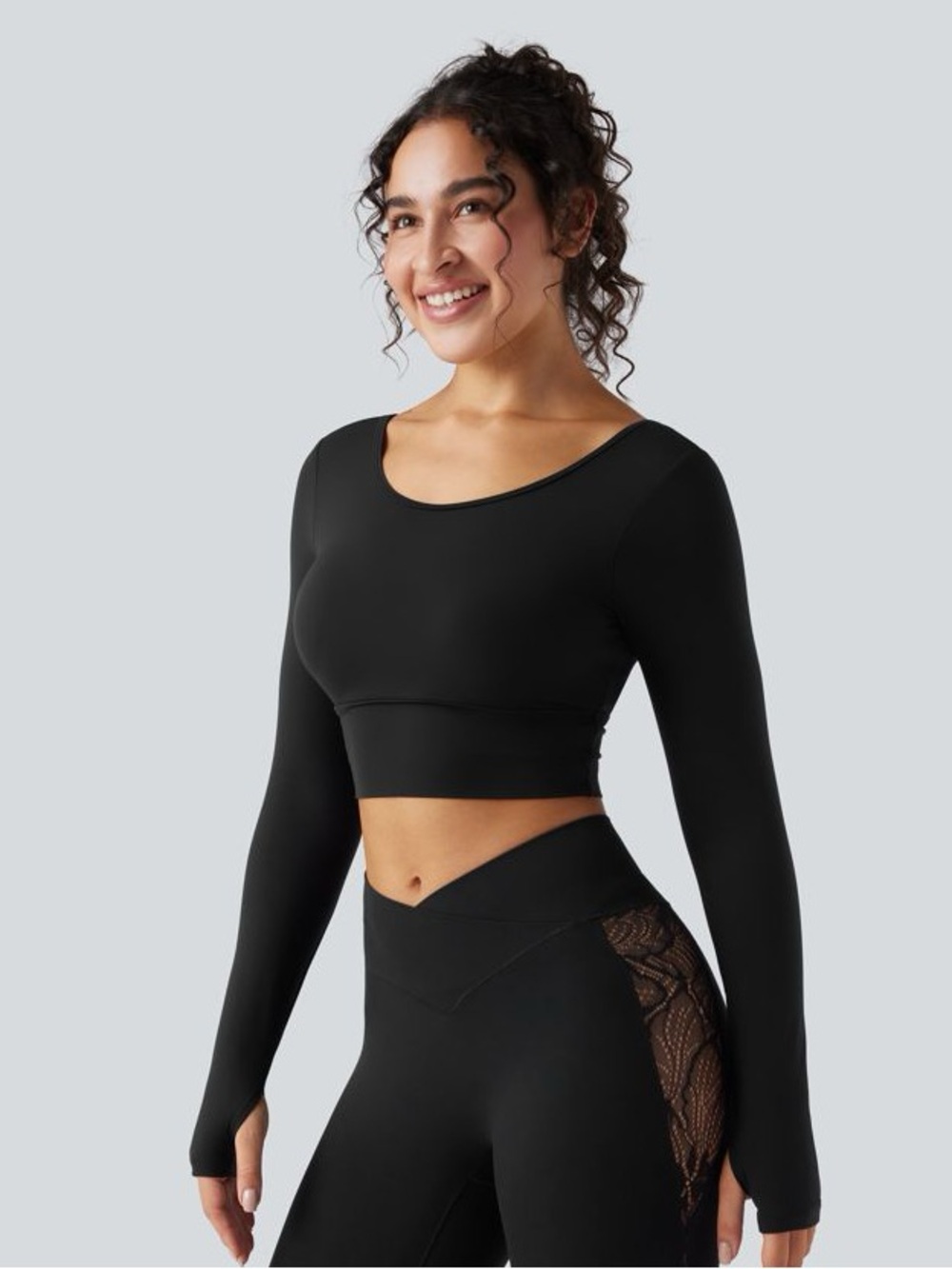 SoftlyZero™ Push-Up Long Sleeve Thumb Hole Contrast Lace Cropped Yoga Sports Top